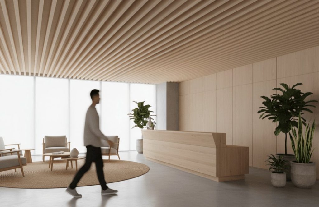 Soffitto a doghe acustiche EasySnap in feltro PET nella reception di un ufficio