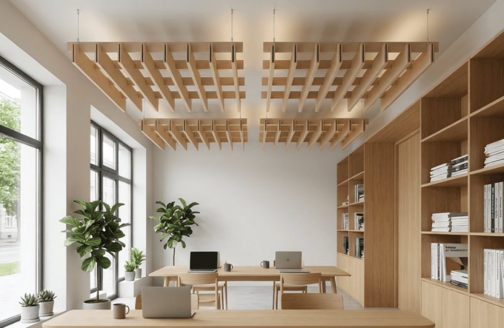 Isole di baffle acustici EasySnap sospese sopra il tavolo di uno studio con libreria